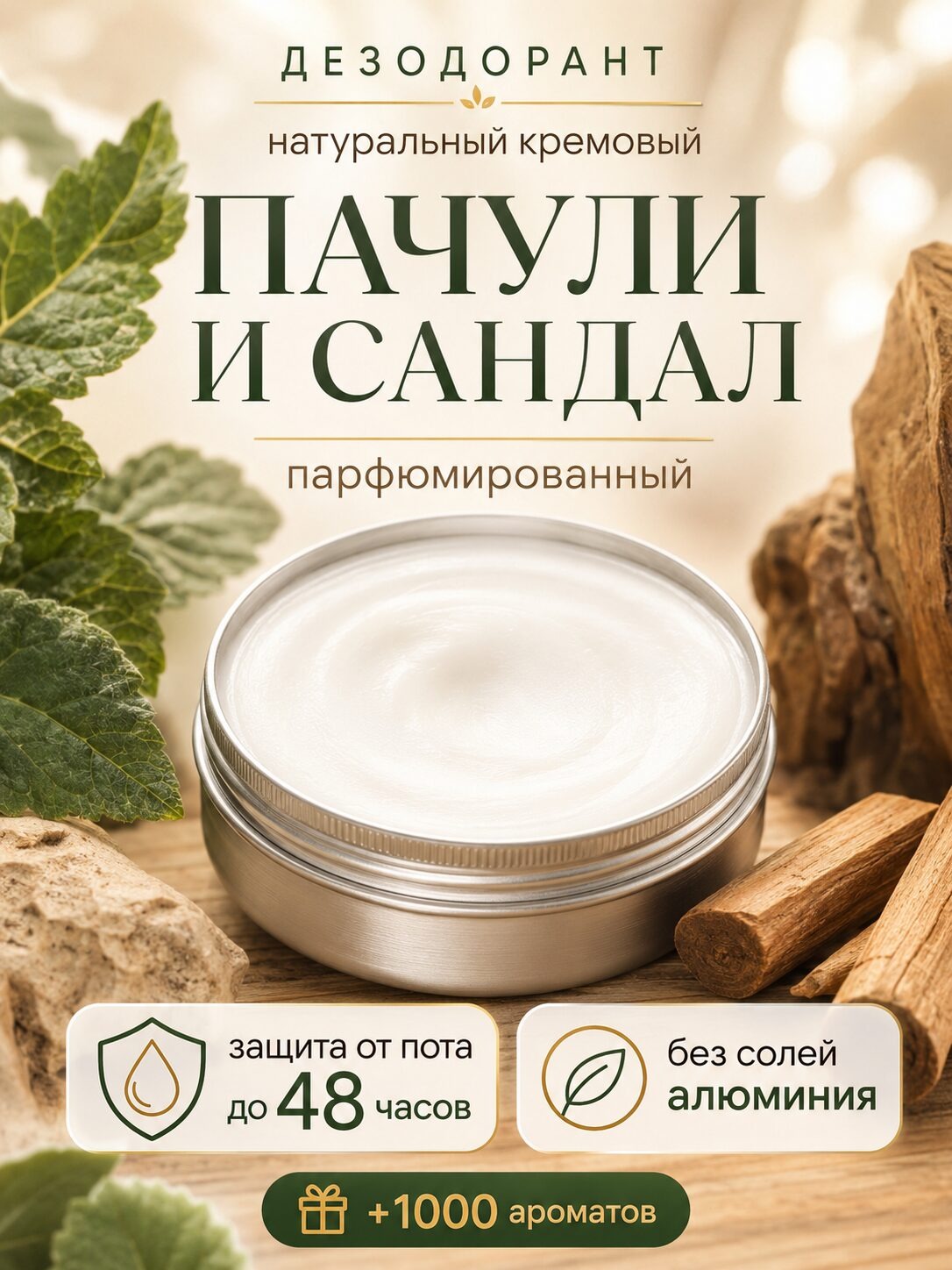 Пачули и сандал - натуральный кремовый дезодорант Аурасо, парфюмированный, для женщин и мужчин, унисекс