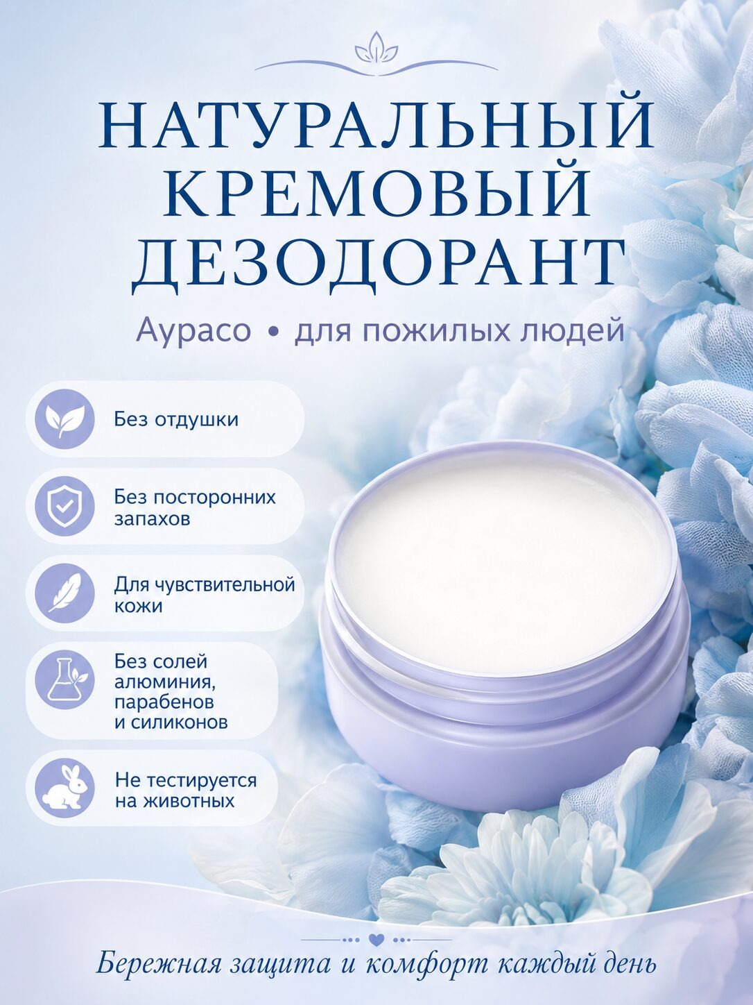 Натуральный кремовый дезодорант Аурасо для пожилых людей, без отдушки